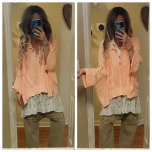 NWT Free People Peach Apricot Oversized Crochet Eyelet Polo Poncho Knit Sweater